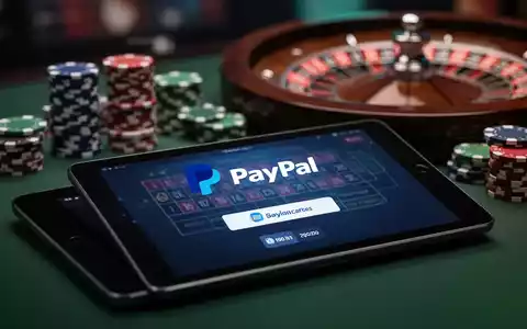 Ein Tablet zeigt eine Online-Casino-Oberfläche mit PayPal-Logo. Pokerchips und Rouletterad im unscharfen Hintergrund. - Foto: über boerse-global.de