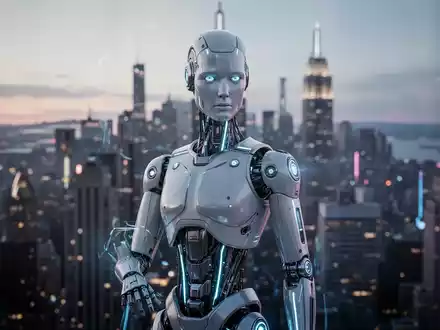 Ein futuristischer humanoider Roboter steht vor der verschwommenen Skyline von New York City bei Sonnenuntergang. - Foto: über boerse-global.de