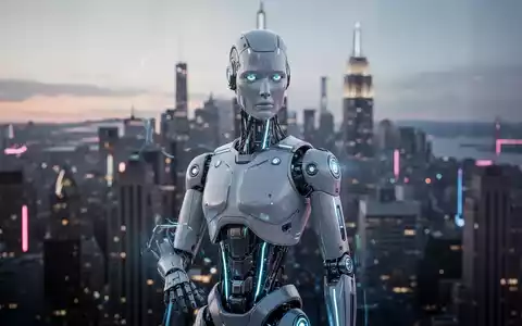 Ein futuristischer humanoider Roboter steht vor der verschwommenen Skyline von New York City bei Sonnenuntergang. - Foto: über boerse-global.de