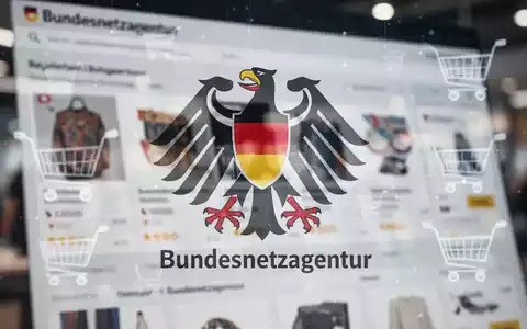 Deutsches Bundesnetzagentur-Logo über unscharfer E-Commerce-Webseite, Symbol für digitale Regulierung. - Foto: über boerse-global.de