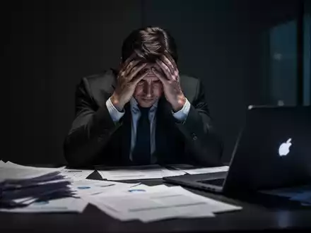 Eine Person sitzt mit den Händen am Kopf an einem Schreibtisch, umgeben von Dokumenten und einem Laptop, und wirkt überfordert. - Foto: über boerse-global.de