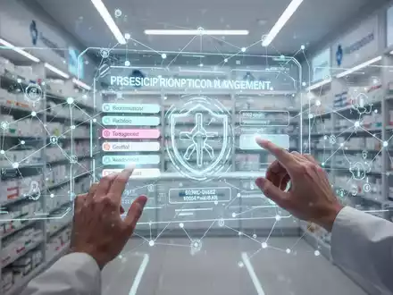 Futuristisches Apothekeninterieur mit leuchtenden Hologramm-Displays für Medikamenteninfos und digitale Rezepte. - Foto: über boerse-global.de