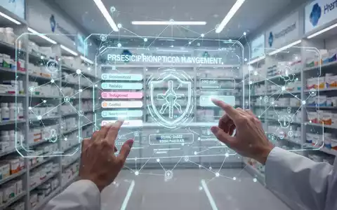 Futuristisches Apothekeninterieur mit leuchtenden Hologramm-Displays für Medikamenteninfos und digitale Rezepte. - Foto: über boerse-global.de