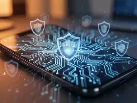 Ein Smartphone-Bildschirm zeigt abstrakte Schaltkreismuster und Sicherheitssymbole, die KI-basierte Betrugsprävention darstellen. - Foto: über boerse-global.de