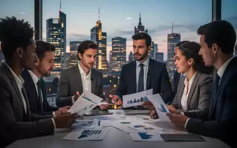 Eine Gruppe von Fachleuten, darunter ein Selbstständiger, bespricht Finanzdokumente vor der Kulisse einer modernen deutschen Stadt bei Dämmerung. - Foto: über boerse-global.de