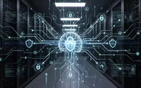 Ein futuristisches, leuchtendes neuronales Netzwerk-Interface in einem dunklen Serverraum mit Datenströmen und abstrakten Sicherheits-Icons. - Foto: über boerse-global.de