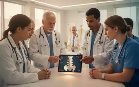 Ärzte und Physiotherapeuten in einer modernen Klinik, die ein 3D-Modell der Wirbelsäule auf einem Tablet besprechen. - Foto: über boerse-global.de