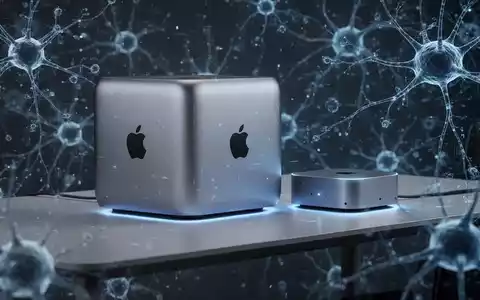 Mac Studio und Mac Mini auf einem Schreibtisch, umgeben von abstrakten digitalen neuronalen Netzwerkmustern, die KI-Verarbeitung darstellen. - Foto: über boerse-global.de