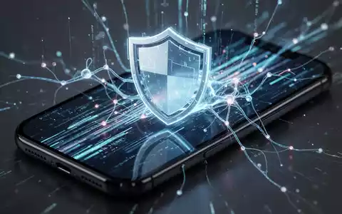 Digitales Schildsymbol schützt iPhone-Bildschirm, mit abstrakten Datenströmen und leuchtenden neuronalen Netzverbindungen, symbolisiert Cybersicherheit. - Foto: über boerse-global.de