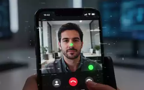 Ein Smartphone-Bildschirm zeigt einen Videoanruf mit grünen und lila Störungen und einem kleinen grünen Punkt auf dem Profilfoto eines Kontakts. - Foto: über boerse-global.de