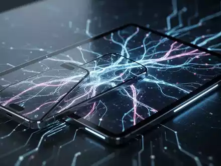 Smartphone- und Tablet-Bildschirm mit abstrakten, leuchtenden Linien und neuronalen Netzwerkmustern, die KI und Software-Updates symbolisieren. - Foto: über boerse-global.de