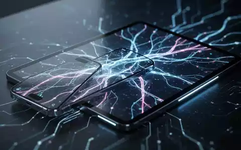 Smartphone- und Tablet-Bildschirm mit abstrakten, leuchtenden Linien und neuronalen Netzwerkmustern, die KI und Software-Updates symbolisieren. - Foto: über boerse-global.de