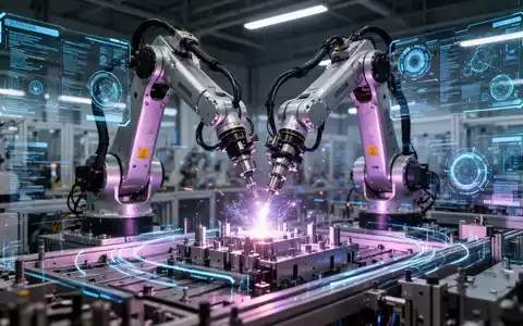 Ein Roboterarm in einer modernen Fabrik montiert präzise Bauteile, umgeben von digitalen Schnittstellen und leuchtenden Datenströmen. - Foto: über boerse-global.de