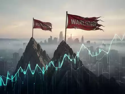Eine rote Warnflagge auf dem Gipfel eines aufsteigenden Börsenkurs-Diagramms, mit einer verschwommenen Stadt im Tal. - Foto: über boerse-global.de