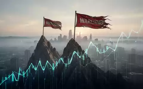 Eine rote Warnflagge auf dem Gipfel eines aufsteigenden Börsenkurs-Diagramms, mit einer verschwommenen Stadt im Tal. - Foto: über boerse-global.de