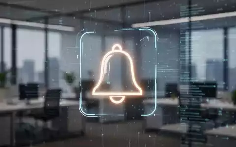 Leuchtendes digitales Benachrichtigungssymbol über verschwommenem Hintergrund eines modernen Büros, symbolisiert Software-Updates und Produktivität. - Foto: über boerse-global.de
