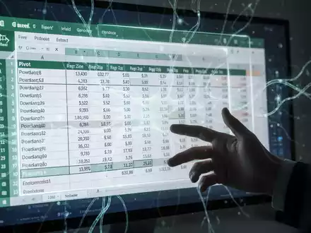 Leuchtende Excel-Pivot-Tabelle auf Bildschirm, KI-Neuronennetzlinien und Hand interagiert mit Daten. - Foto: über boerse-global.de