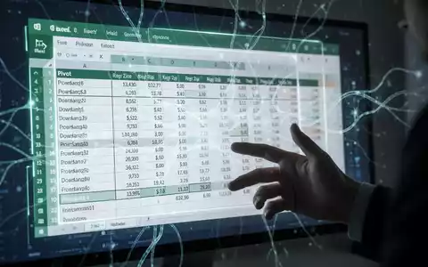 Leuchtende Excel-Pivot-Tabelle auf Bildschirm, KI-Neuronennetzlinien und Hand interagiert mit Daten. - Foto: über boerse-global.de