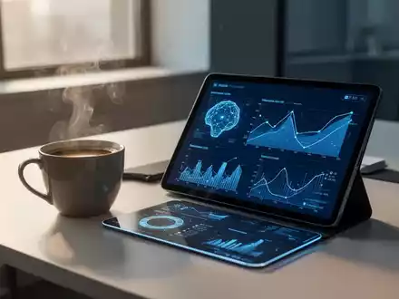 Eine dampfende Tasse Kaffee neben einem Tablet, das KI-Datenvisualisierungen anzeigt, auf einem modernen Schreibtisch am Morgen. - Foto: über boerse-global.de