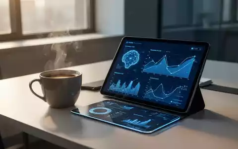 Eine dampfende Tasse Kaffee neben einem Tablet, das KI-Datenvisualisierungen anzeigt, auf einem modernen Schreibtisch am Morgen. - Foto: über boerse-global.de