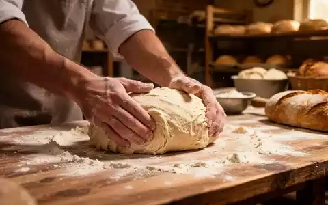 Nahaufnahme der HĂ€nde eines BĂ€ckers, der Teig auf einer bemehlten HolzflĂ€che in einer BĂ€ckerei knetet. - Foto: ĂŒber boerse-global.de