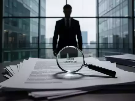 Eine schattenhafte Figur steht in einem modernen Bürogebäude und blickt auf Dokumente, die einen Unternehmensskandal andeuten. - Foto: über boerse-global.de