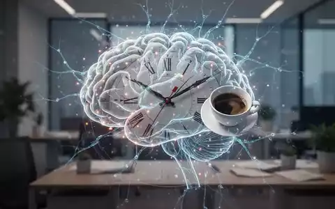 Ein stilisiertes Gehirn aus leuchtenden neuronalen Netzen, überlagert von einem Zifferblatt und einer Kaffeetasse, in einem Büro. - Foto: über boerse-global.de