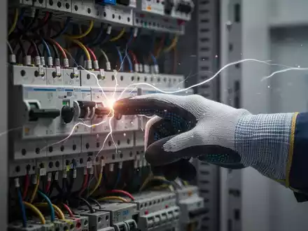 Eine behandschuhte Hand berührt eine elektrische Schalttafel mit vielen Kabeln und Schaltern, symbolisierend Sicherheit und Messtechnik. - Foto: über boerse-global.de