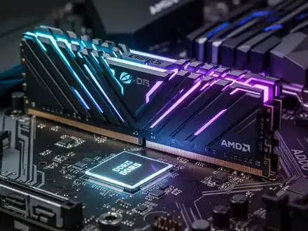 Nahaufnahme eines DDR5-RAM-Riegels in einem AMD-Motherboard, mit blauer und violetter Beleuchtung. - Foto: über boerse-global.de