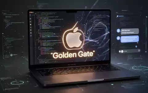 Leuchtendes, stilisiertes macOS 27-Logo auf dunkler MacBook Pro-Tastatur, mit digitalen UI-Elementen und abstraktem Code auf dem Bildschirm. - Foto: ĂŒber boerse-global.de