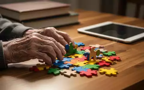 Hände einer älteren Person, die bunte Holzpuzzleteile auf einem Tisch anordnen, mit verschwommenen Büchern und Tablet im Hintergrund. - Foto: über boerse-global.de