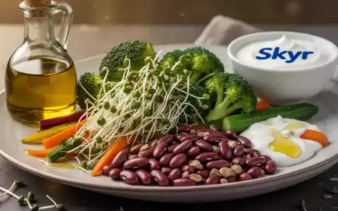 Ein ausgewogenes und gesundes Essen mit Olivenöl, Brokkolisprossen, Kidneybohnen und Skyr, das Wohlbefinden und Langlebigkeit symbolisiert. - Foto: über boerse-global.de