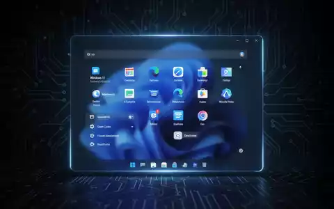Leuchtendes, stilisiertes Windows 11-Startmenü mit App-Symbolen und Einstellungen auf dunklem, technischem Hintergrund. - Foto: über boerse-global.de