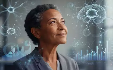 Eine nachdenkliche Person mittleren Alters, die in die Ferne blickt, umgeben von verschwommenen Darstellungen neuronaler Netzwerke. - Foto: über boerse-global.de