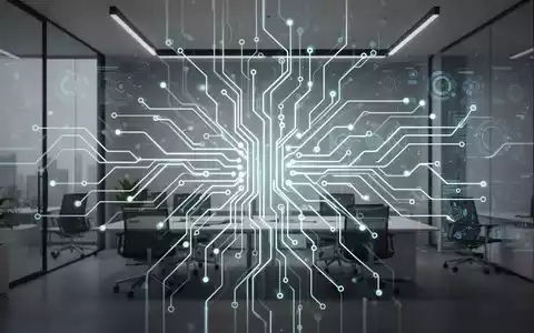 Stilisierte digitale Darstellung verbundener Knoten und Linien, die an ein neuronales Netz erinnert, über modernem Bürohintergrund. - Foto: über boerse-global.de