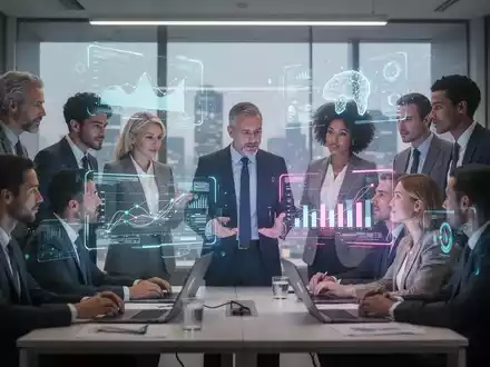 Geschäftsleute interagieren mit holografischen Datenprojektionen, die die Rolle der KI bei der Erweiterung menschlicher Arbeit und der Schaffung neuer Chancen symbolisieren. - Foto: über boerse-global.de