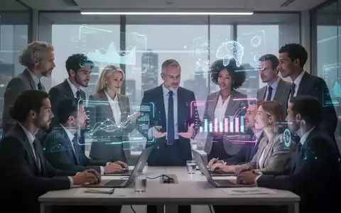 Geschäftsleute interagieren mit holografischen Datenprojektionen, die die Rolle der KI bei der Erweiterung menschlicher Arbeit und der Schaffung neuer Chancen symbolisieren. - Foto: über boerse-global.de