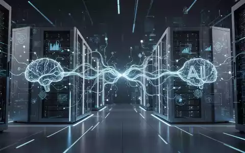 Stilisierte Darstellung eines leuchtenden neuronalen Netzwerks zwischen zwei modernen Rechenzentren, symbolisiert Partnerschaft von KI und Datenunternehmen. - Foto: über boerse-global.de