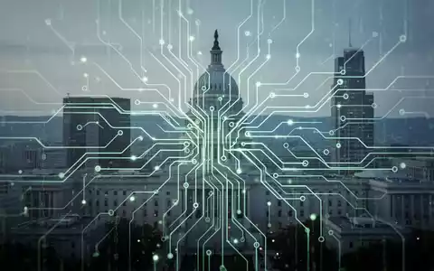 Leuchtende neuronale Netzwerkplatine über futuristischer Stadtlandschaft, Symbol für KI-Integration in Regierung und Verwaltung. - Foto: über boerse-global.de