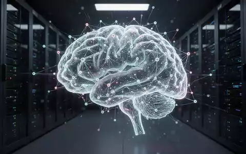 Glühendes, komplexes holografisches Gehirn als Symbol für fortschrittliche KI in einem dunklen High-Tech-Serverraum. - Foto: über boerse-global.de