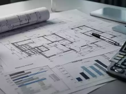 Nahaufnahme von Bauplänen und Finanzdiagrammen auf einem Schreibtisch, mit einem Stift und Taschenrechner daneben. - Foto: über boerse-global.de