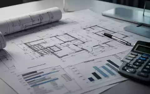 Nahaufnahme von Bauplänen und Finanzdiagrammen auf einem Schreibtisch, mit einem Stift und Taschenrechner daneben. - Foto: über boerse-global.de