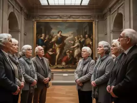 Senioren betrachten kontemplativ ein klassisches Gemälde in einem großen Museumssaal, was Achtsamkeit und kognitive Gesundheit fördert. - Foto: über boerse-global.de