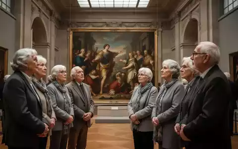 Senioren betrachten kontemplativ ein klassisches GemĂ€lde in einem groĂen Museumssaal, was Achtsamkeit und kognitive Gesundheit fördert. - Foto: ĂŒber boerse-global.de
