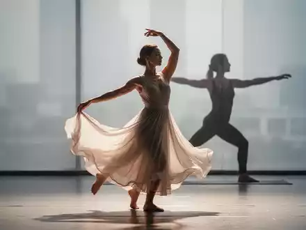 Eine Frau in einem fließenden Kleid tanzt anmutig auf einer Bühne, während im Hintergrund eine Person eine Yoga-Pose einnimmt. - Foto: über boerse-global.de