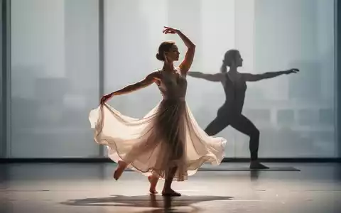 Eine Frau in einem fließenden Kleid tanzt anmutig auf einer Bühne, während im Hintergrund eine Person eine Yoga-Pose einnimmt. - Foto: über boerse-global.de