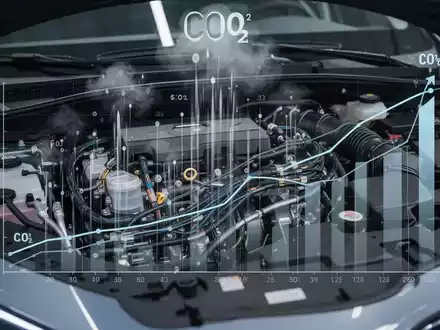 Nahaufnahme eines Automotors mit stilisierten digitalen Überlagerungen, die CO2-Emissionen und Kostenkurven darstellen, in einer kühlen, industriellen Umgebung. - Foto: über boerse-global.de
