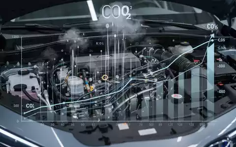 Nahaufnahme eines Automotors mit stilisierten digitalen Überlagerungen, die CO2-Emissionen und Kostenkurven darstellen, in einer kühlen, industriellen Umgebung. - Foto: über boerse-global.de