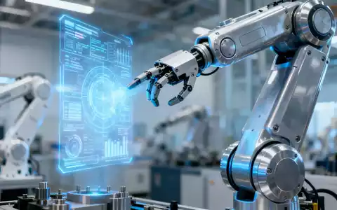 Ein Roboterarm mit komplexen Gelenken in einer Hightech-Fertigungsanlage, der auf eine holografische Schnittstelle zugreift. - Foto: über boerse-global.de