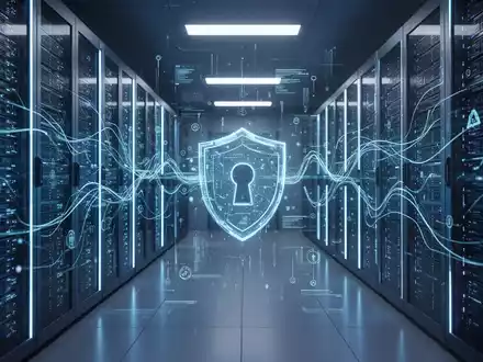 Ein futuristisches Rechenzentrum mit leuchtend blauen Serverracks, das Datensicherheit und digitale Resilienz darstellt. - Foto: über boerse-global.de